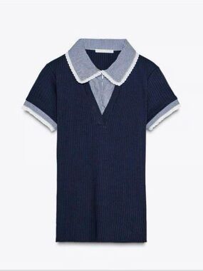 Zara NWT Navy Ribbed Knit Polo Top with Gingham & Lace Peter Pan Collar M